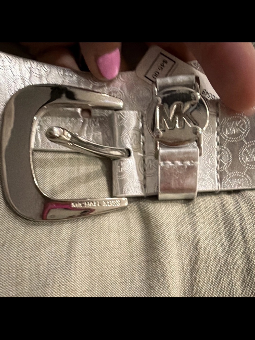 Michael Kors Silver Monogram Leather Belt with MK Buckle